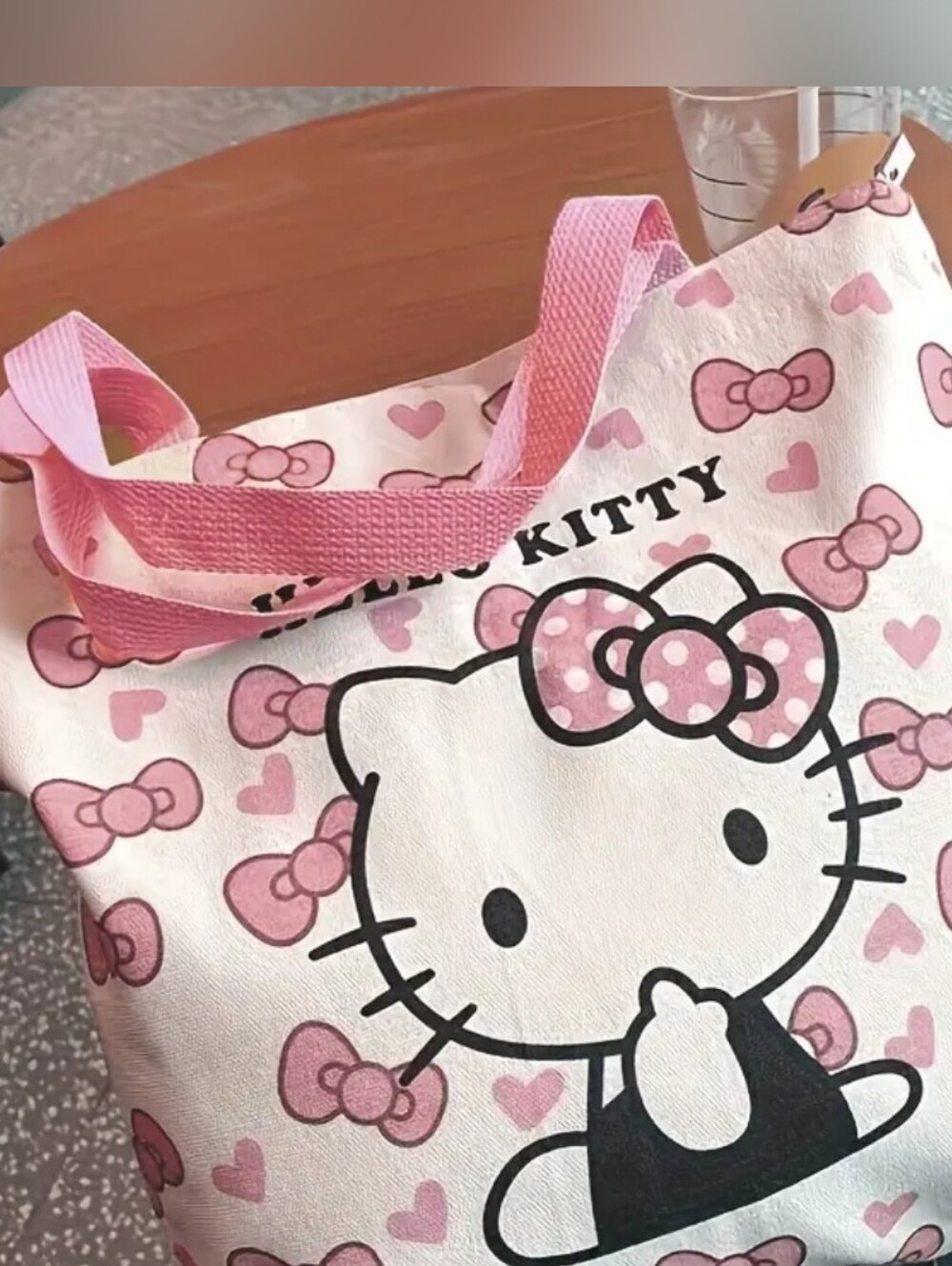 12"X14",Hello Kitty Pink and Black Tote Bag with Bow Pattern